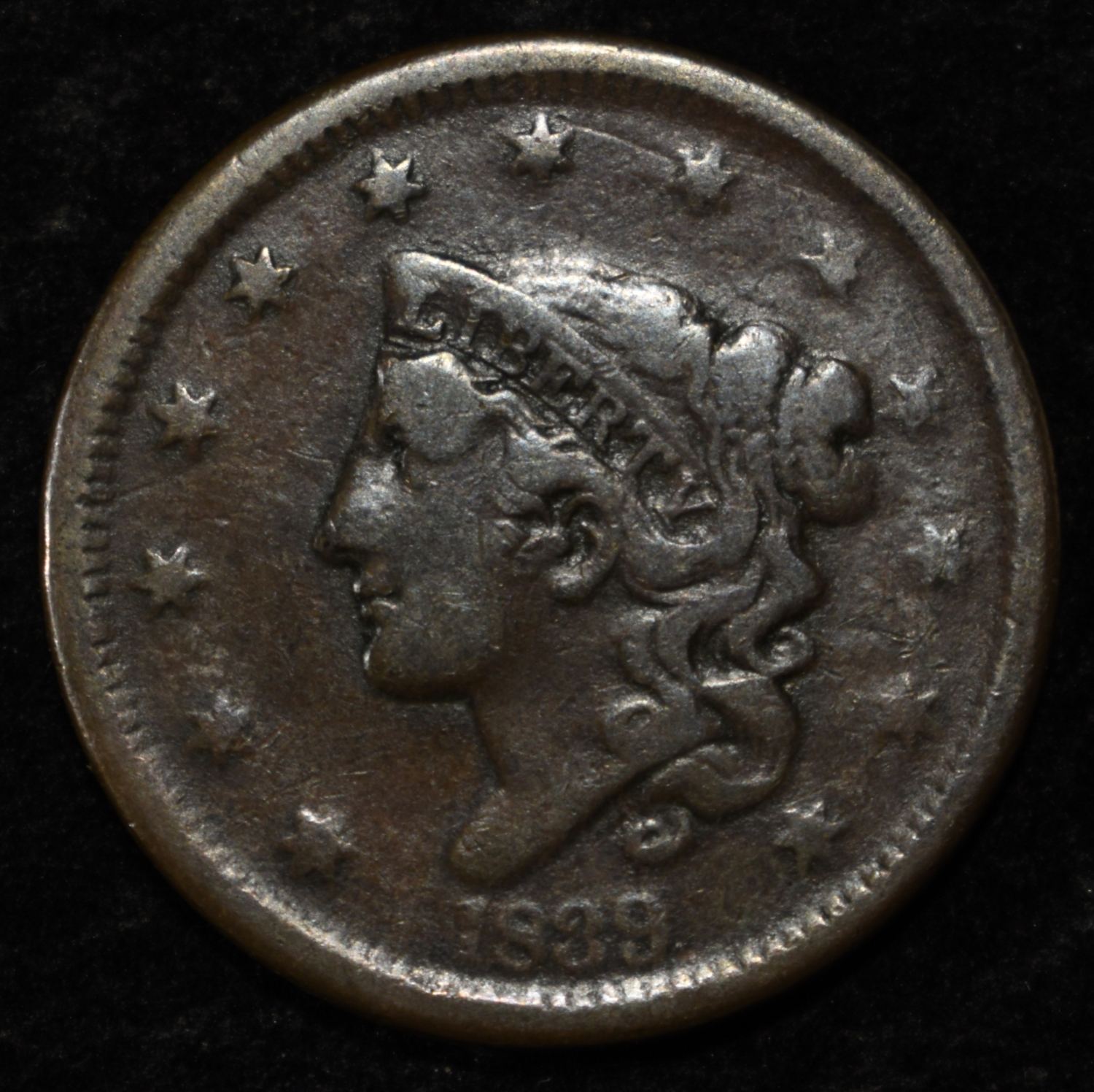 1839 HEAD OF 38 LARGE CENT FINE