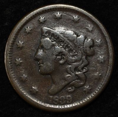 1839 HEAD OF 38 LARGE CENT FINE. TOP RATED AUCTION HOUSE ESTIMATE $80 - $100.