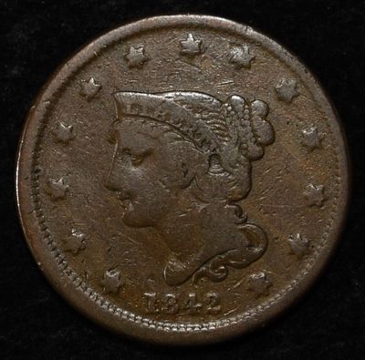 1842 SMALL DATE LARGE CENT FINE. WEEKLY COIN & CURRENCY AUCTIONS ESTIMATE $75 - $100.