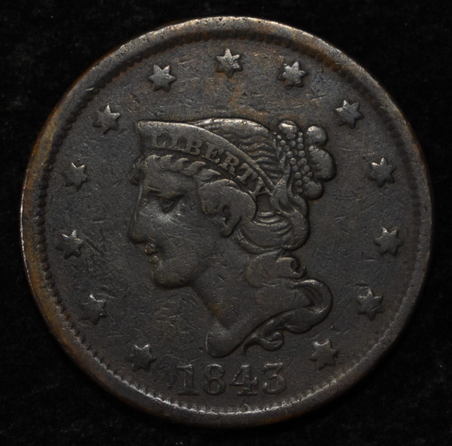 1843 LARGE CENT VF