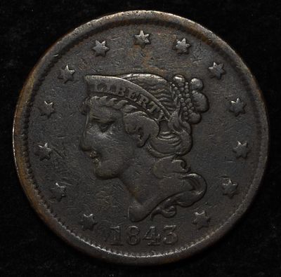 1843 LARGE CENT VF. BID WITH SILVER CITY AUCTIONS ESTIMATE $60 - $80.