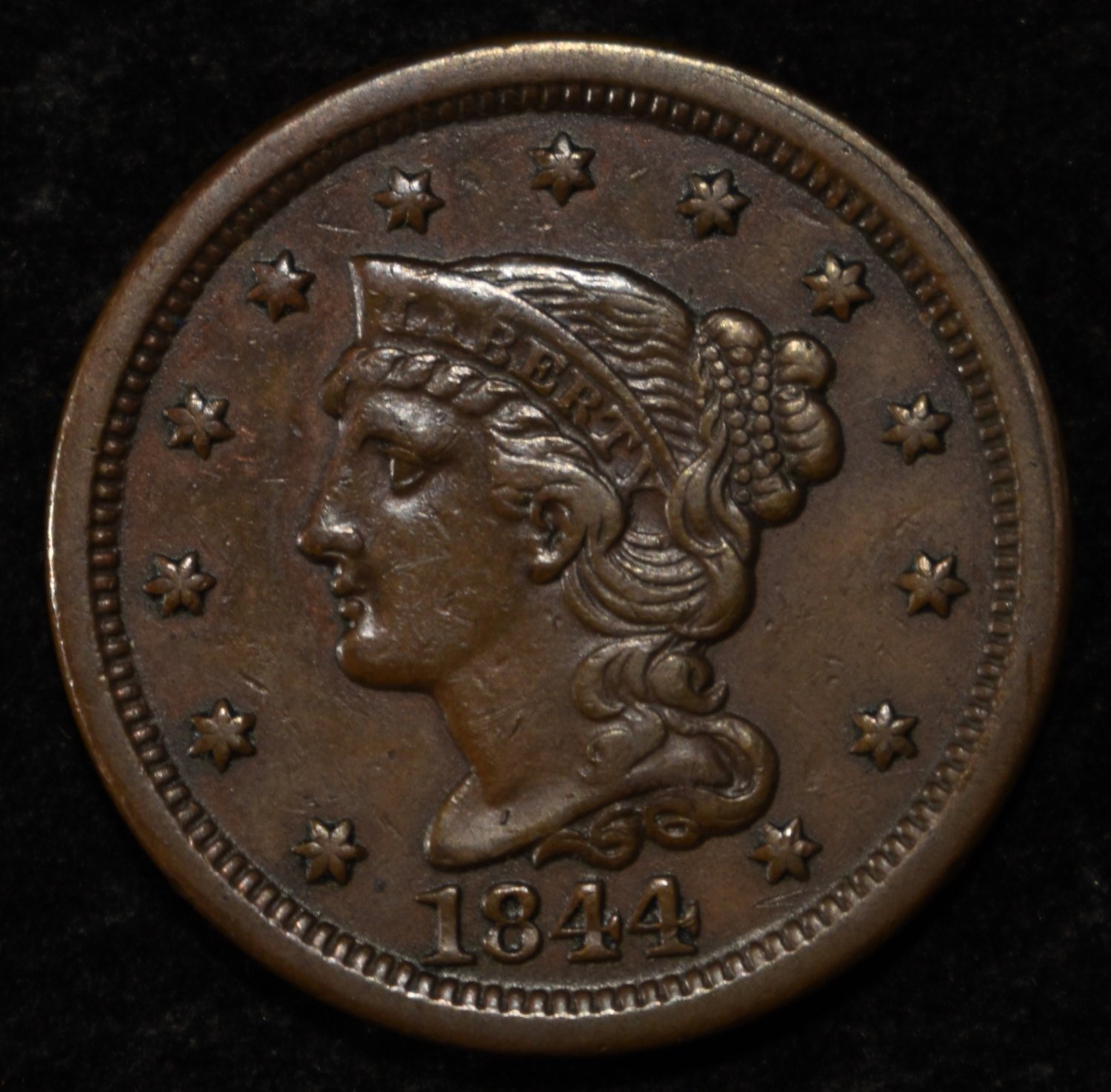 1844 LARGE CENT AU REV. DAMAGE