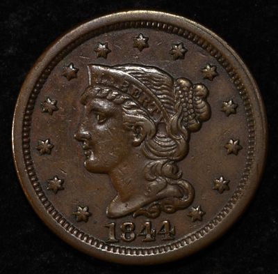 1844 LARGE CENT AU REV. DAMAGE. TOP RATED AUCTION HOUSE ESTIMATE $150 - $200.