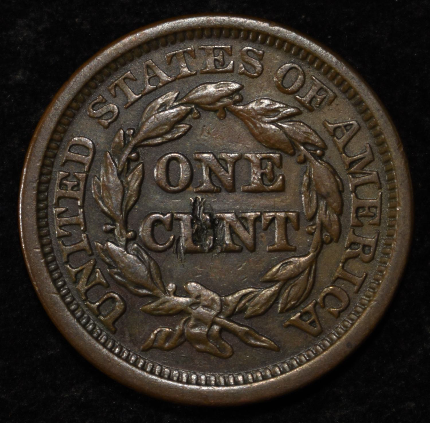 1844 LARGE CENT AU REV. DAMAGE