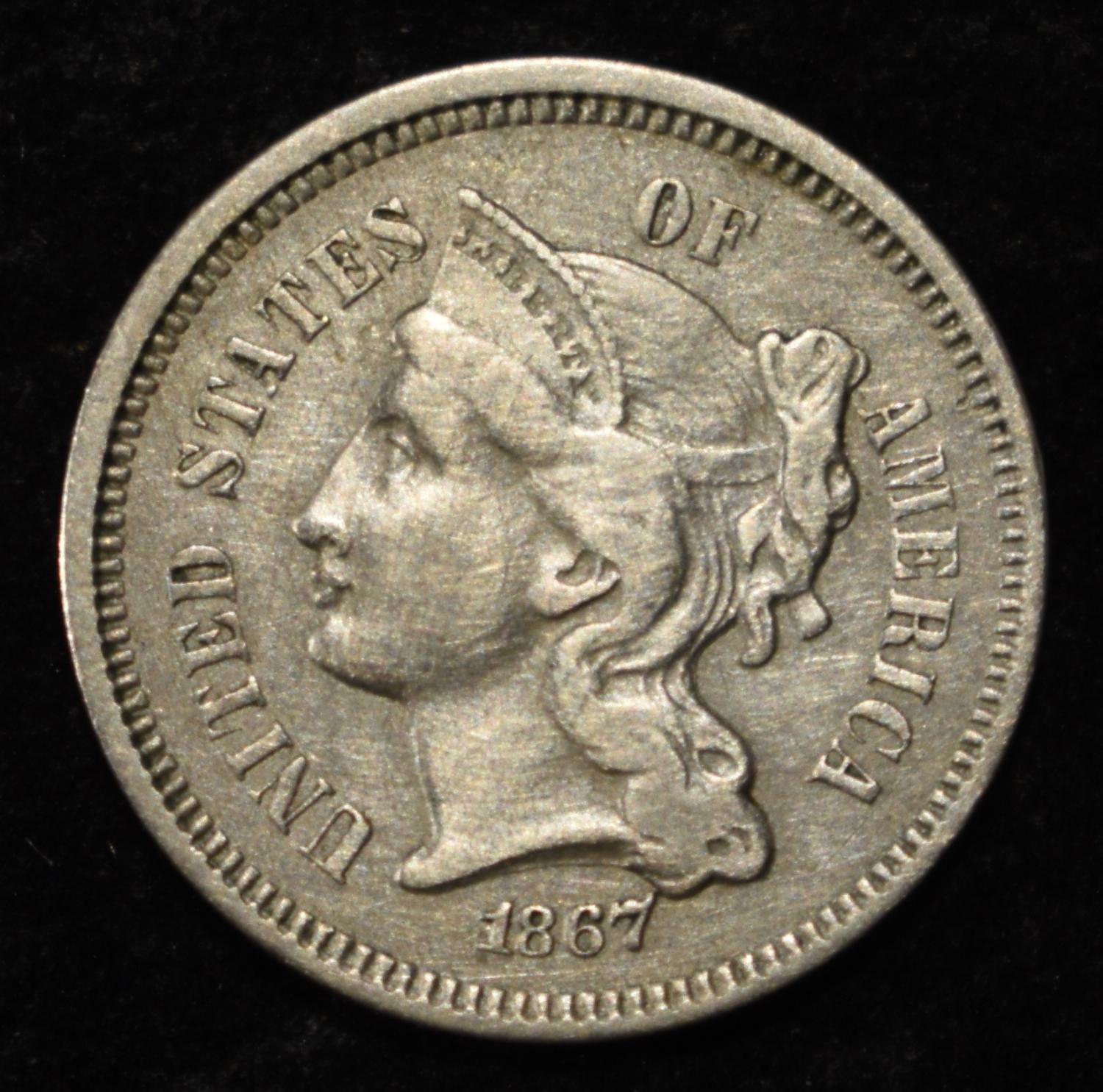 1867 3 CENT NICKEL XF