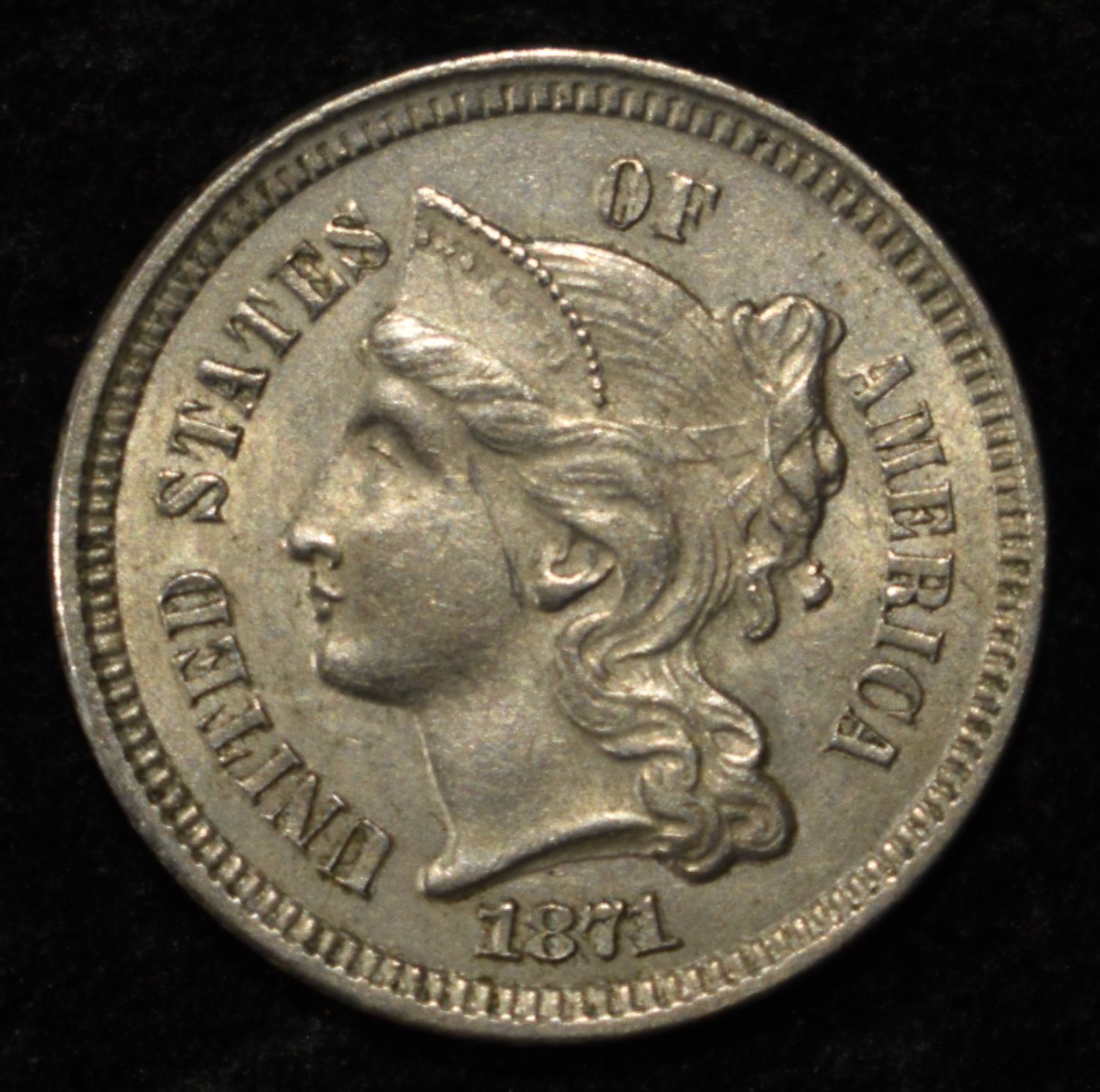 1871 3 CENT NICKEL AU