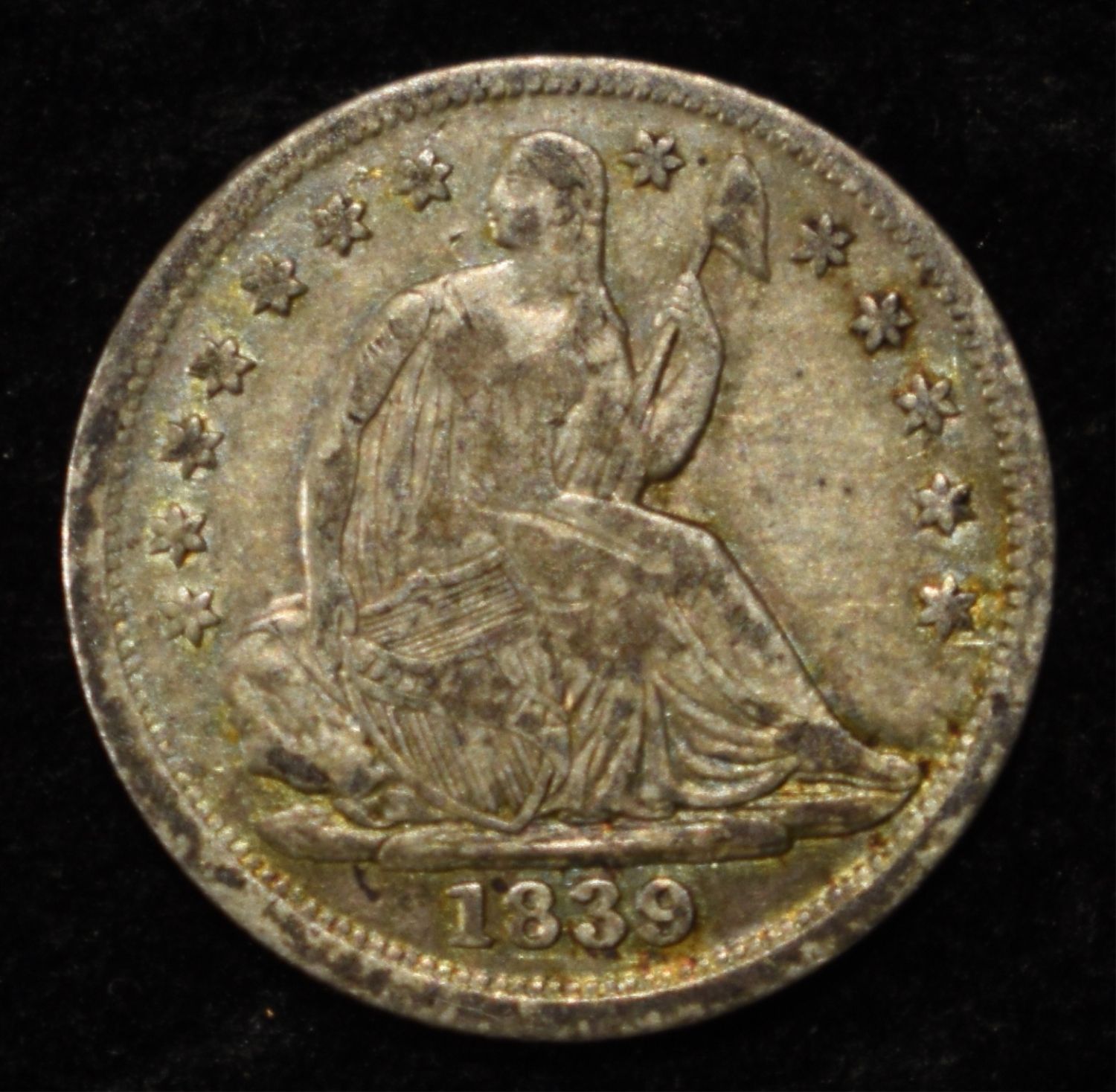 1839 NO DRAPERY SEATED LIBERTY HALF DIME VF/XF