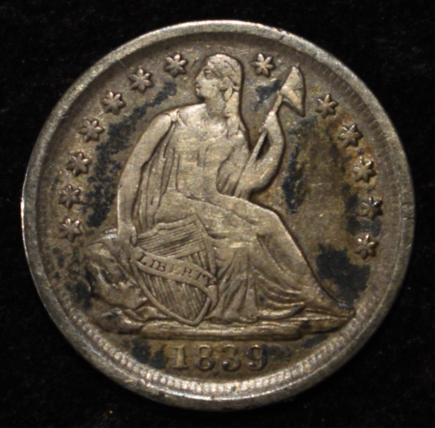 1839-O NO DRAPERY SEATED LIBERTY HALF DIME XF