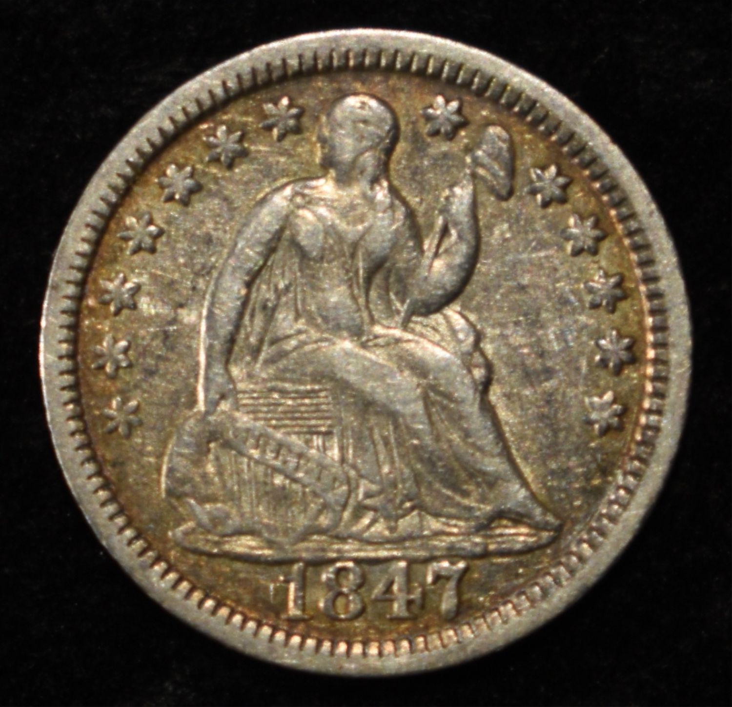 1847 SEATED LIBERTY HALF DIME VF