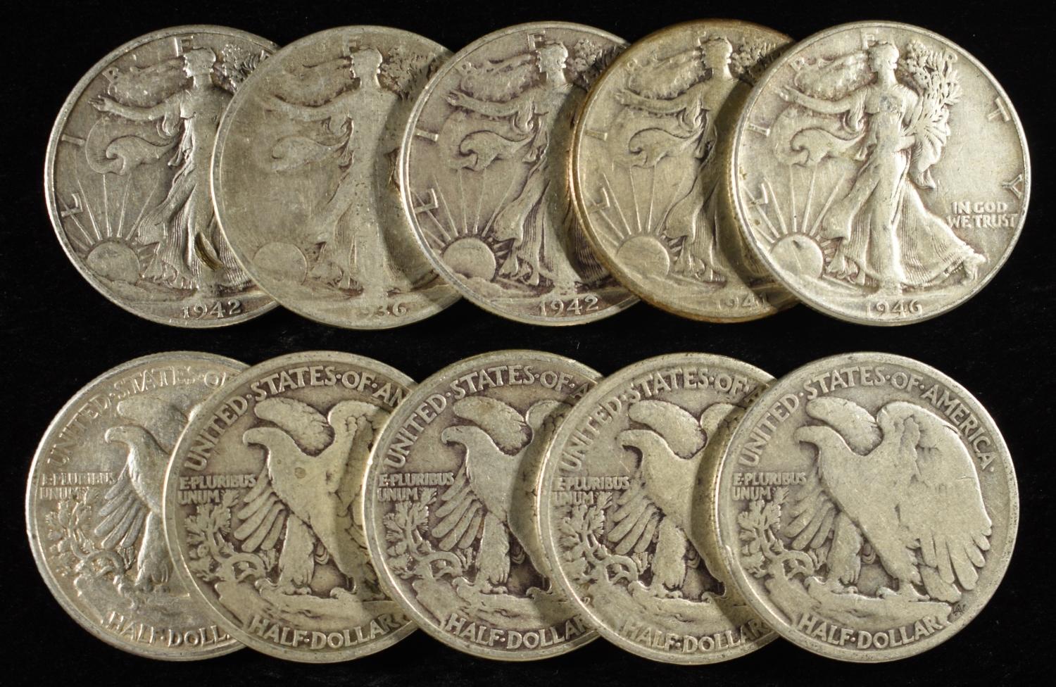 (10) WALKING LIBERTY HALF DOLLARS