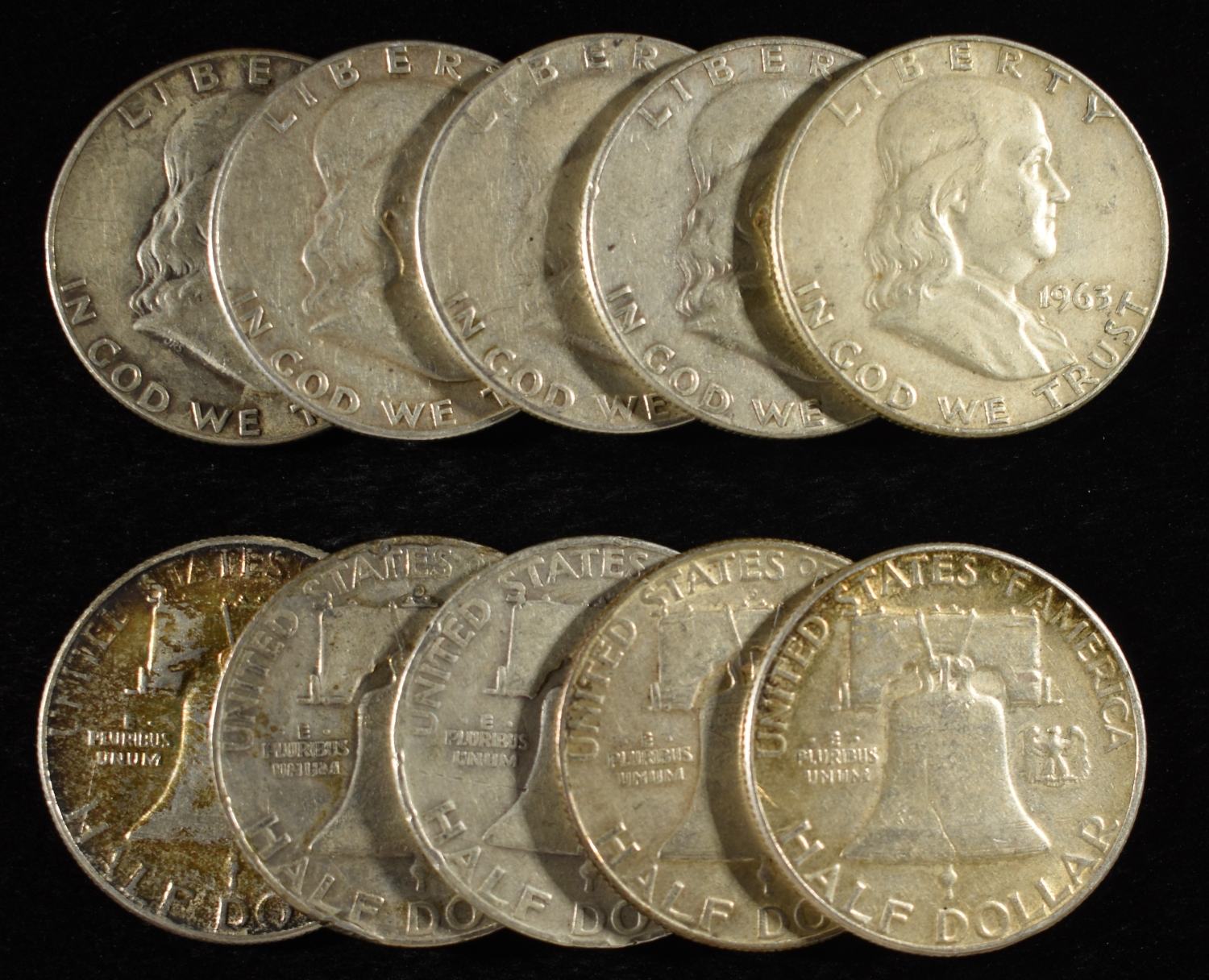 (10) 90% SILVER FRANKLIN HALF DOLLARS