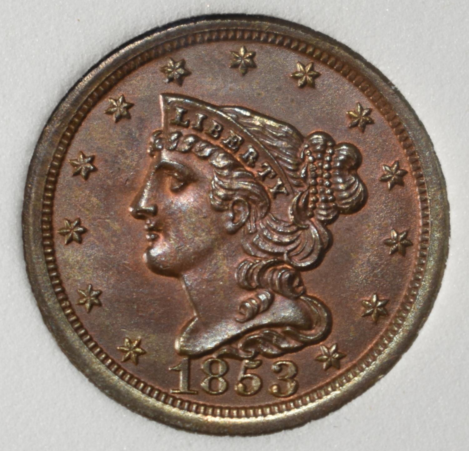 1853 BRAIDED HAIR HALF CENT PCI SUPERB GEM BU RB