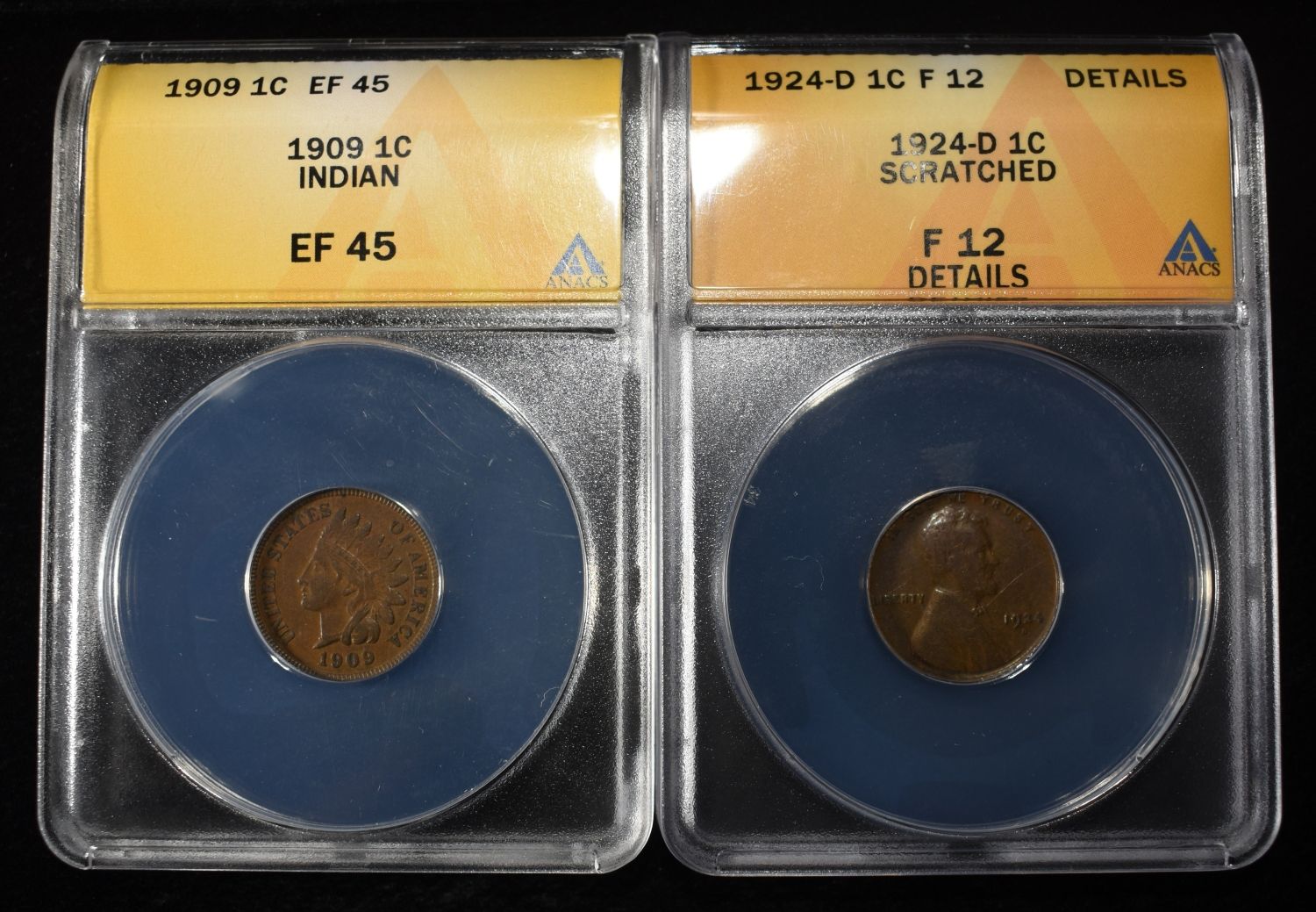 1909 INDIAN & 1924-D WHEAT CENTS ANACS F12-EF45