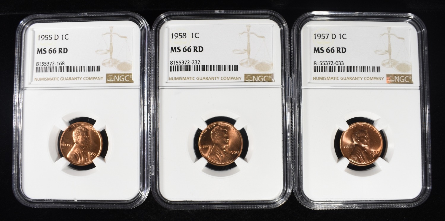 1955-D, 1957-D & 1958 WHEAT CENT NGC MS66 RD