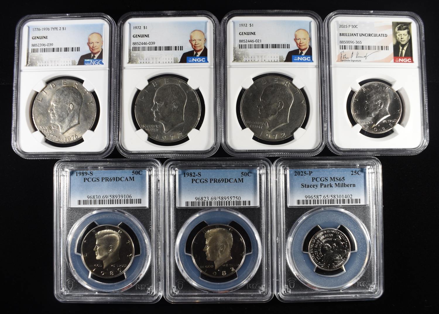 (1) GRADED 25C, (3) GRADED 50C & (3) GRADED $1