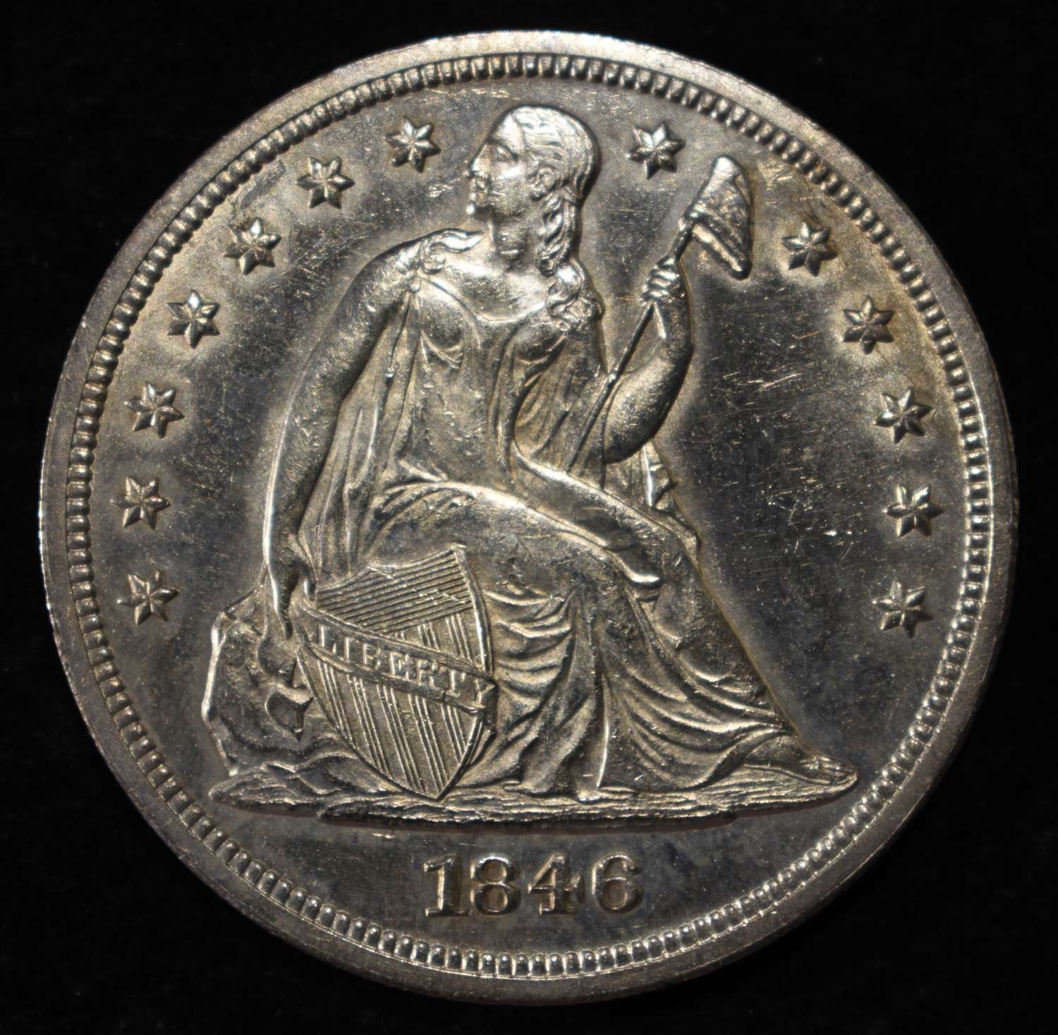 1846 LIBERTY SEATED $1 CH BU LIGHT OLD CLEANING