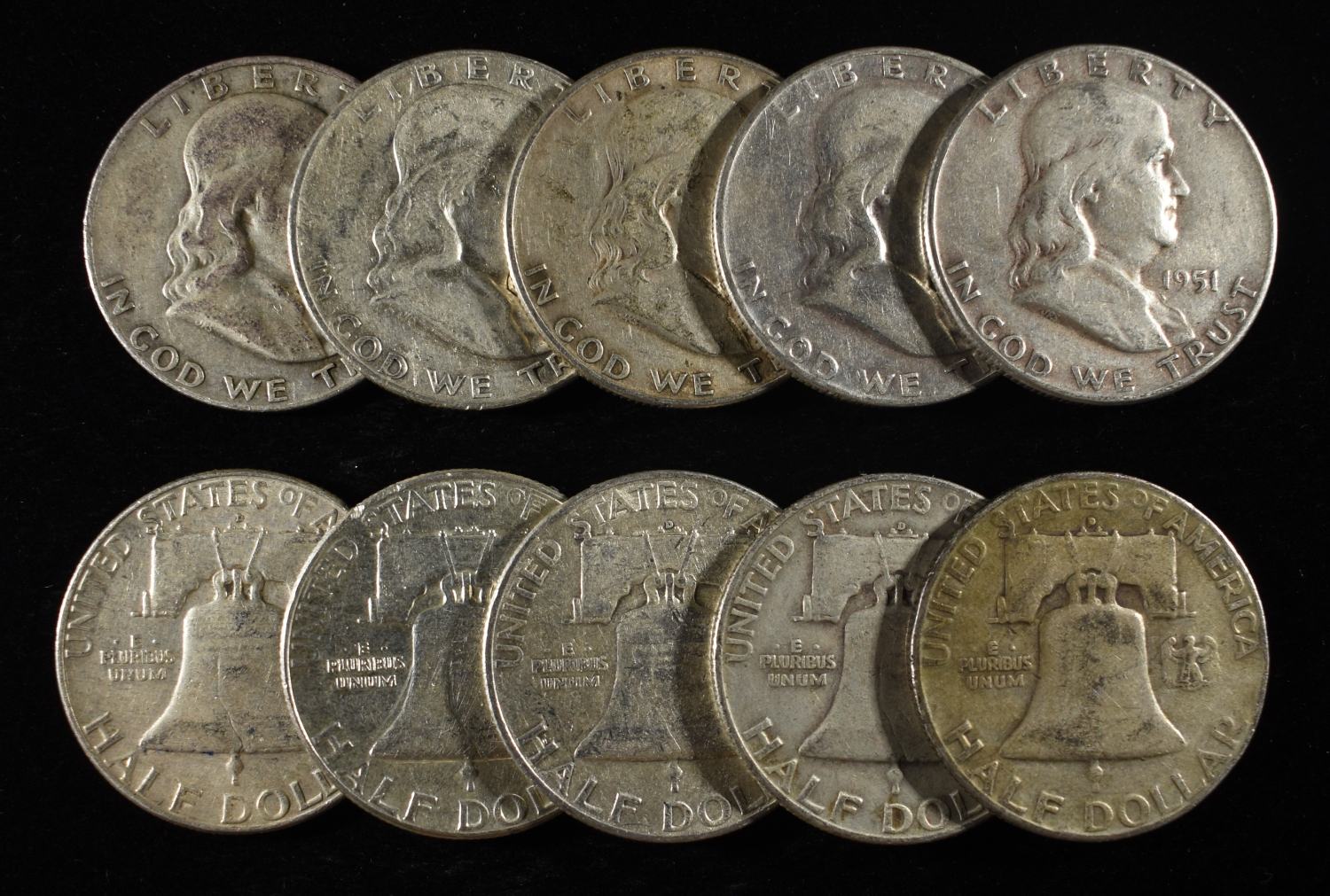 (10) 90% SILVER FRANKLIN HALF DOLLARS
