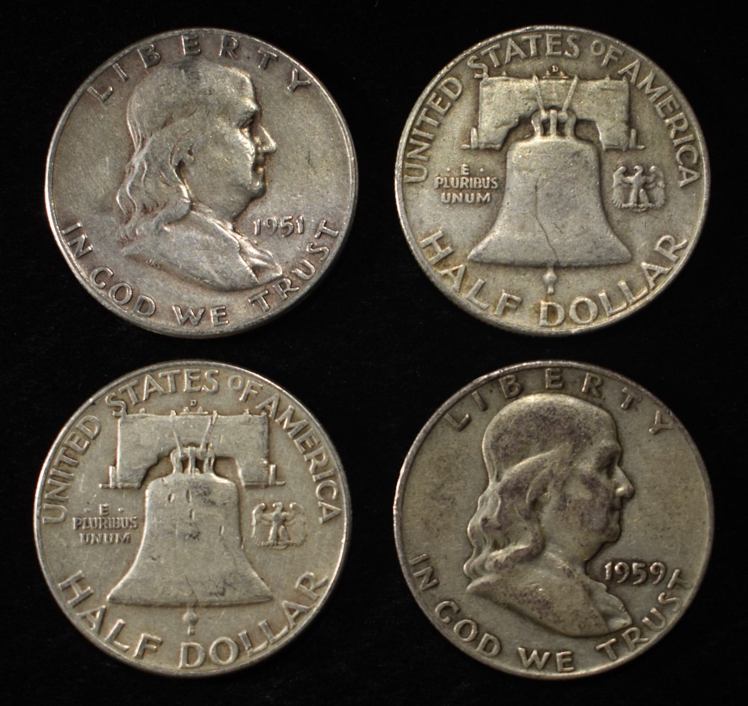 (10) 90% SILVER FRANKLIN HALF DOLLARS