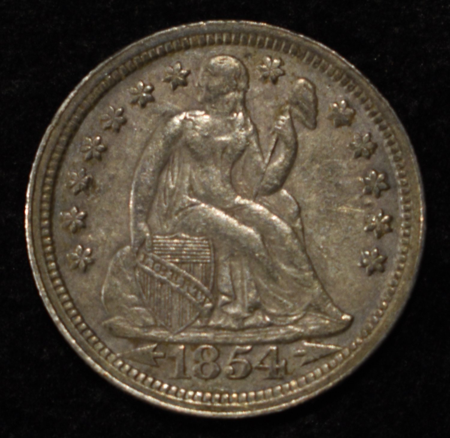 1854 SEATED LIBERTY DIME XF