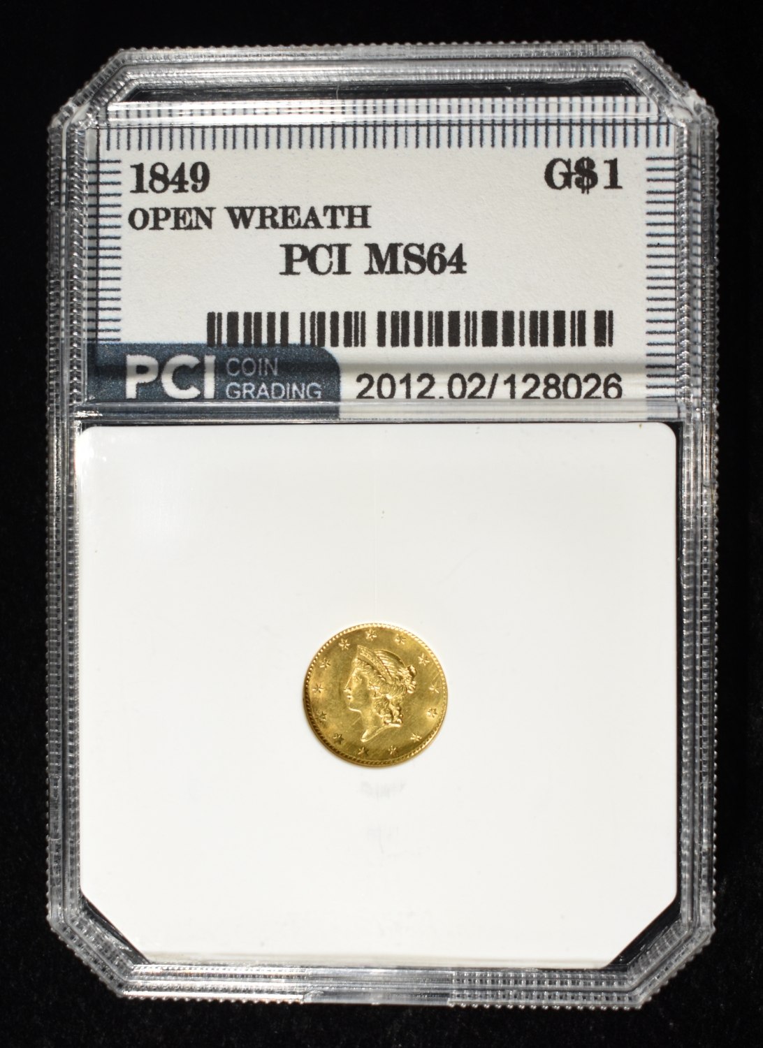 1849 $1 GOLD T1 OPEN WREATH PCI CH/GEM BU