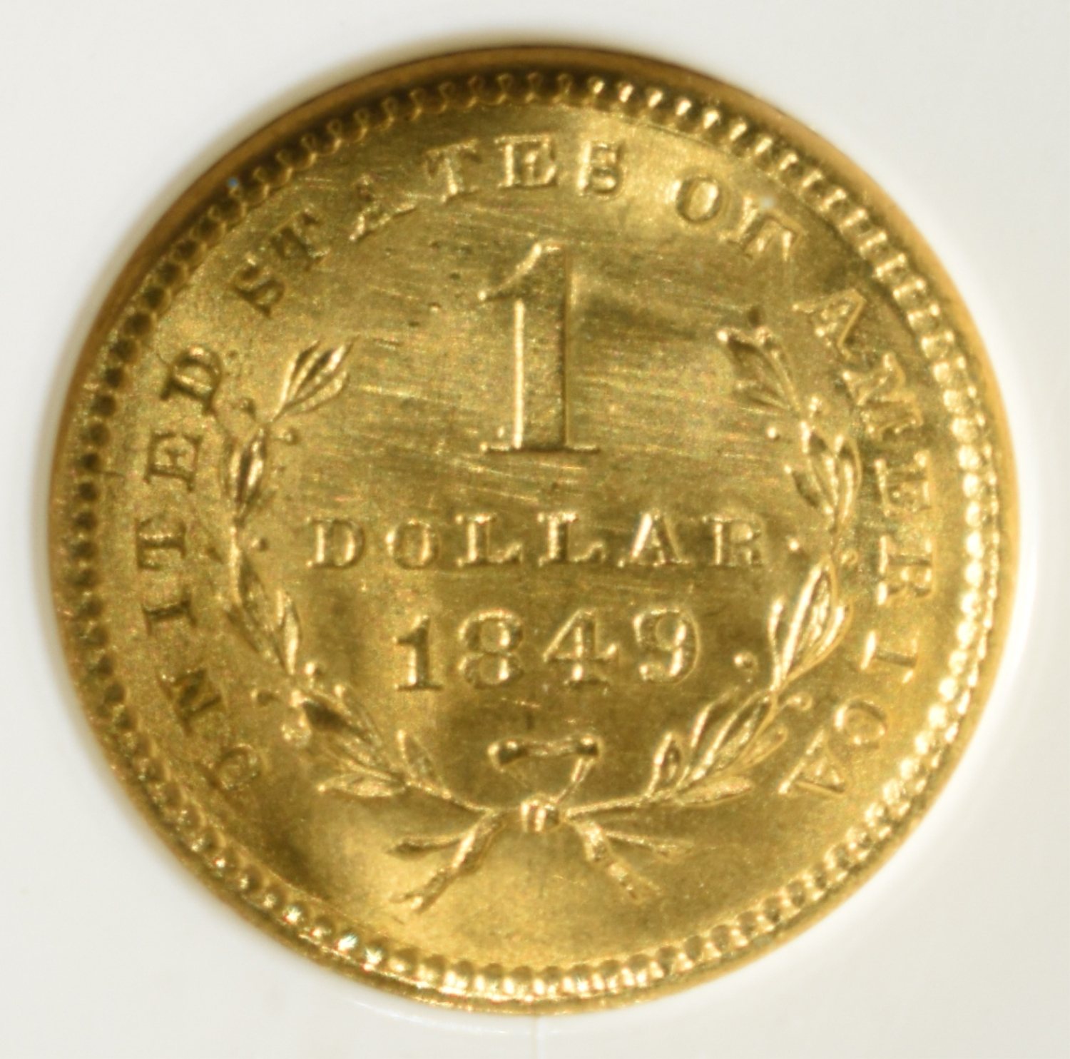1849 $1 GOLD T1 OPEN WREATH PCI CH/GEM BU