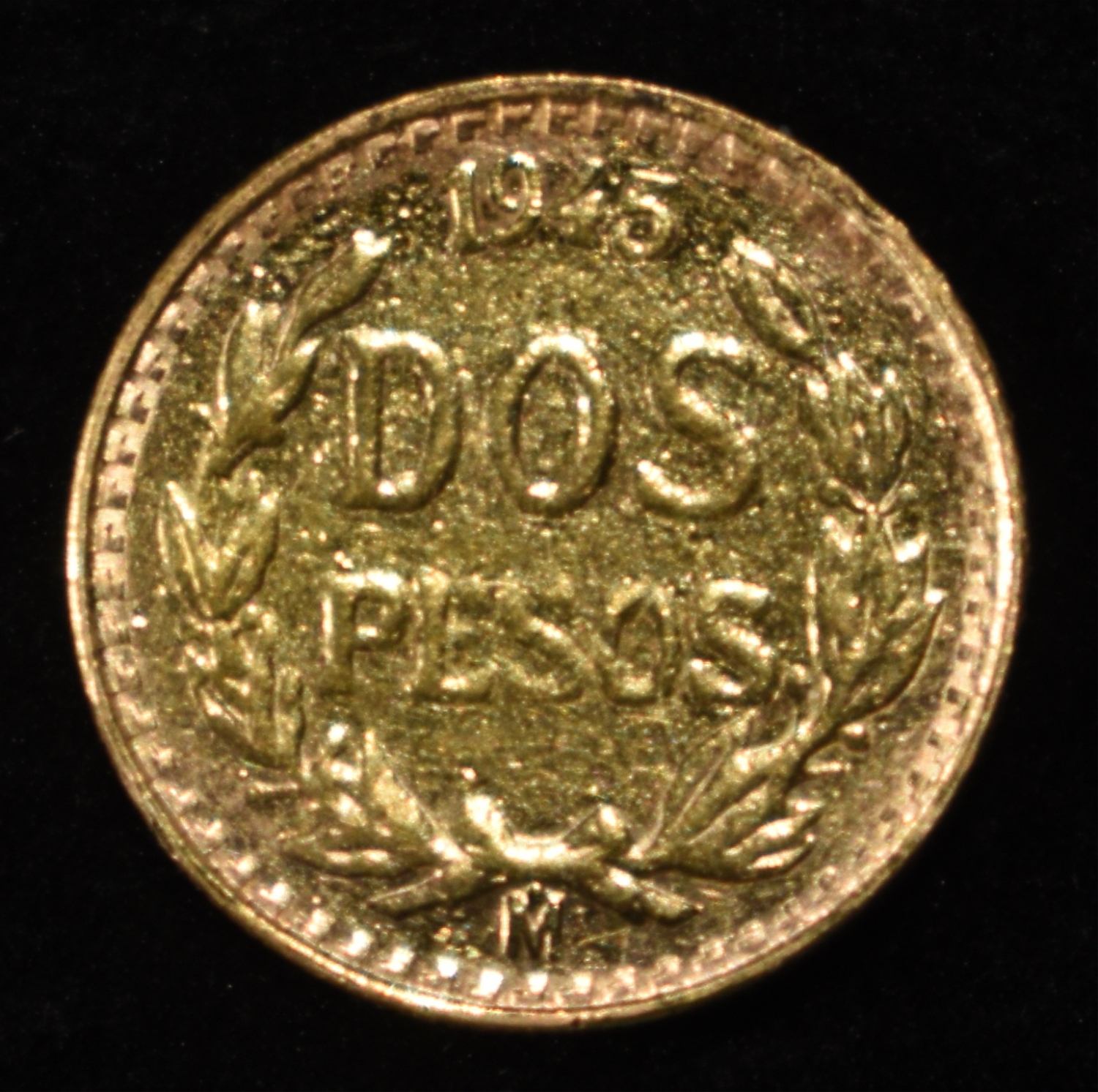 1945-MO 2 PESOS TYPE2, RESTRIKE GOLD KM-461