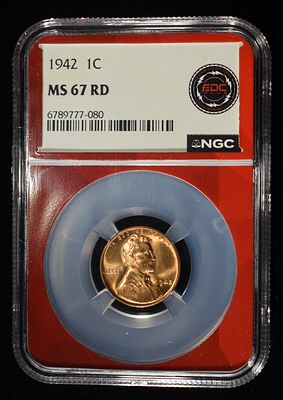 1942 LINCOLN CENT NGC MS-67 RD. TOP RATED AUCTION HOUSE ESTIMATE $200 - $250.