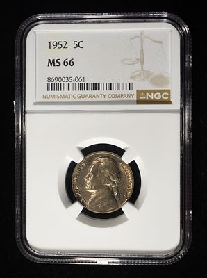 1952 JEFFERSON NICKEL NGC MS 66. BID WITH SILVER CITY AUCTIONS ESTIMATE $80 - $120.