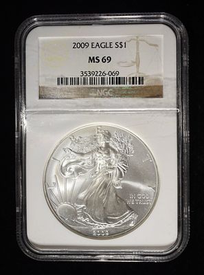 2009 AMERICAN SILVER EAGLE NGC MS69. BID WITH SILVER CITY AUCTIONS ESTIMATE $110 - $160.