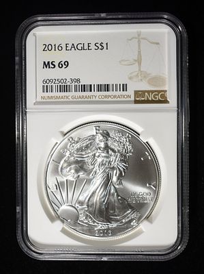 2016 AMERICAN SILVER EAGLE NGC MS69. BID WITH SILVER CITY AUCTIONS ESTIMATE $100 - $150.