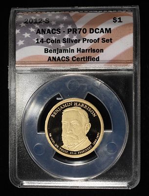 2012-S $1 BENJAMIN HARRISON ANACS PR70 DCAM. LEADERS IN ON-LINE AUCTIONS ESTIMATE $75 - $100.