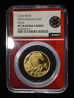 2026 ASCENSION $2 GOLD HORSE NGC PF-70 ULTRA CAMEO. CHECK OUT OUR UPCOMING AUCTIONS ESTIMATE 