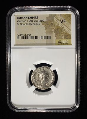 VALERIAN I, AD 253-260 BI DOUBLE-DENARIUS NGC VF. BID WITH SILVER CITY AUCTIONS ESTIMATE $120 - $170.