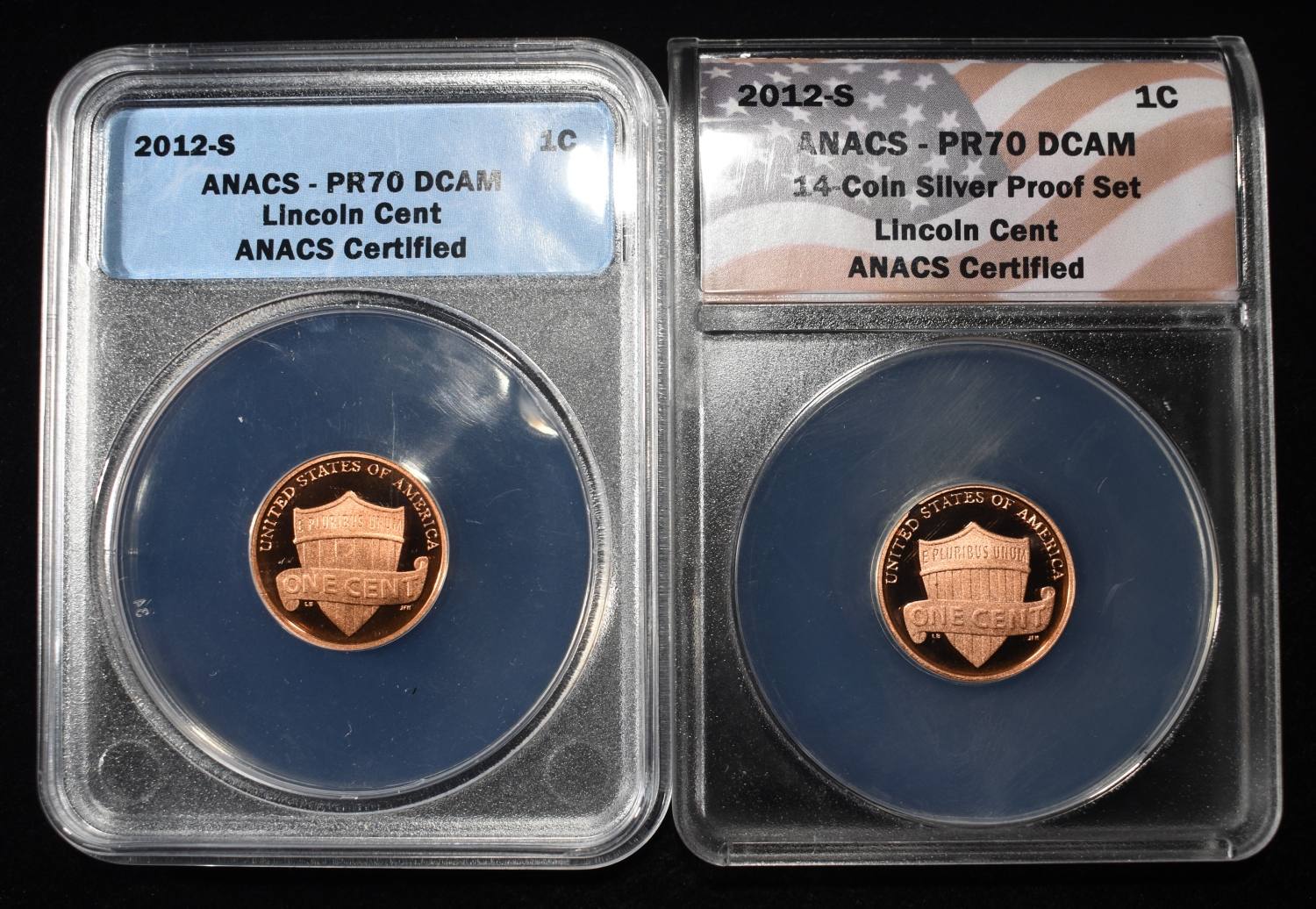 (2) 2012-S SHIELD CENTS ANACS PR70 DCAM