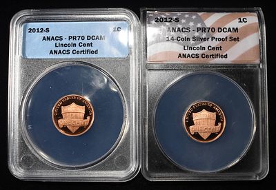 (2) 2012-S SHIELD CENTS ANACS PR70 DCAM. CHECK OUT OUR UPCOMING AUCTIONS ESTIMATE $80 - $120.