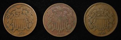(3) 2-CENT PIECES. 1867 2-CENT PIECE GOOD, 1866 2-CENT PIECE VG & 1868 2-CENT PIECE GOOD 