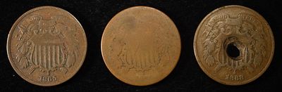 (3) 2-CENT PIECES DAMAGED. (1) 1865, (2) 1868 CHECK OUT OUR UPCOMING AUCTIONS ESTIMATE $75 - $100.