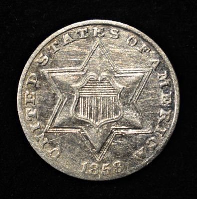 1858 3-CENT SILVER XF. LEADERS IN ON-LINE AUCTIONS ESTIMATE $150 - $200.