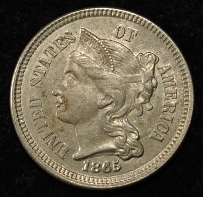 1865 3 CENT NICKEL CH AU. WEEKLY COIN & CURRENCY AUCTIONS ESTIMATE $80 - $100.