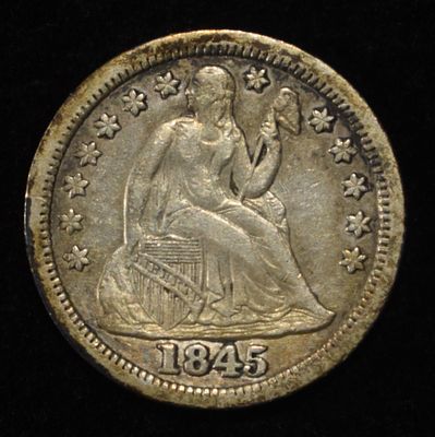 1845 LIBERTY SEATED DIME XF. LEADERS IN ON-LINE AUCTIONS ESTIMATE $200 - $250.