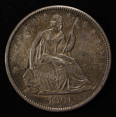 1861 SEATED LIBERTY HALF DOLLAR AU/BU. BID WITH SILVER CITY AUCTIONS ESTIMATE $800 - $1000.