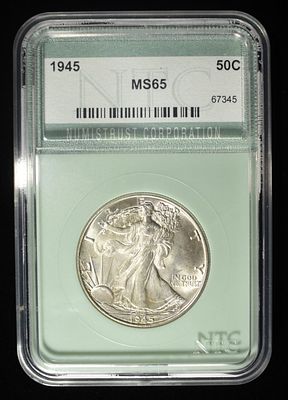 1945 WALKING LIBERTY HALF DOLLAR NTC GEM BU. BID WITH SILVER CITY AUCTIONS ESTIMATE $120 - $160.