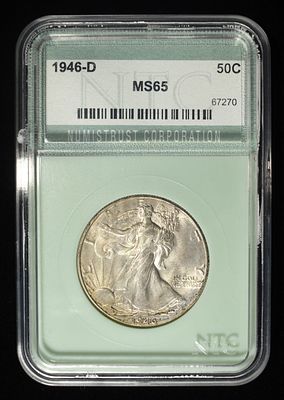 1946-D WALKING LIBERTY 50C NTC GEM BU. TOP RATED AUCTION HOUSE ESTIMATE $120 - $160.