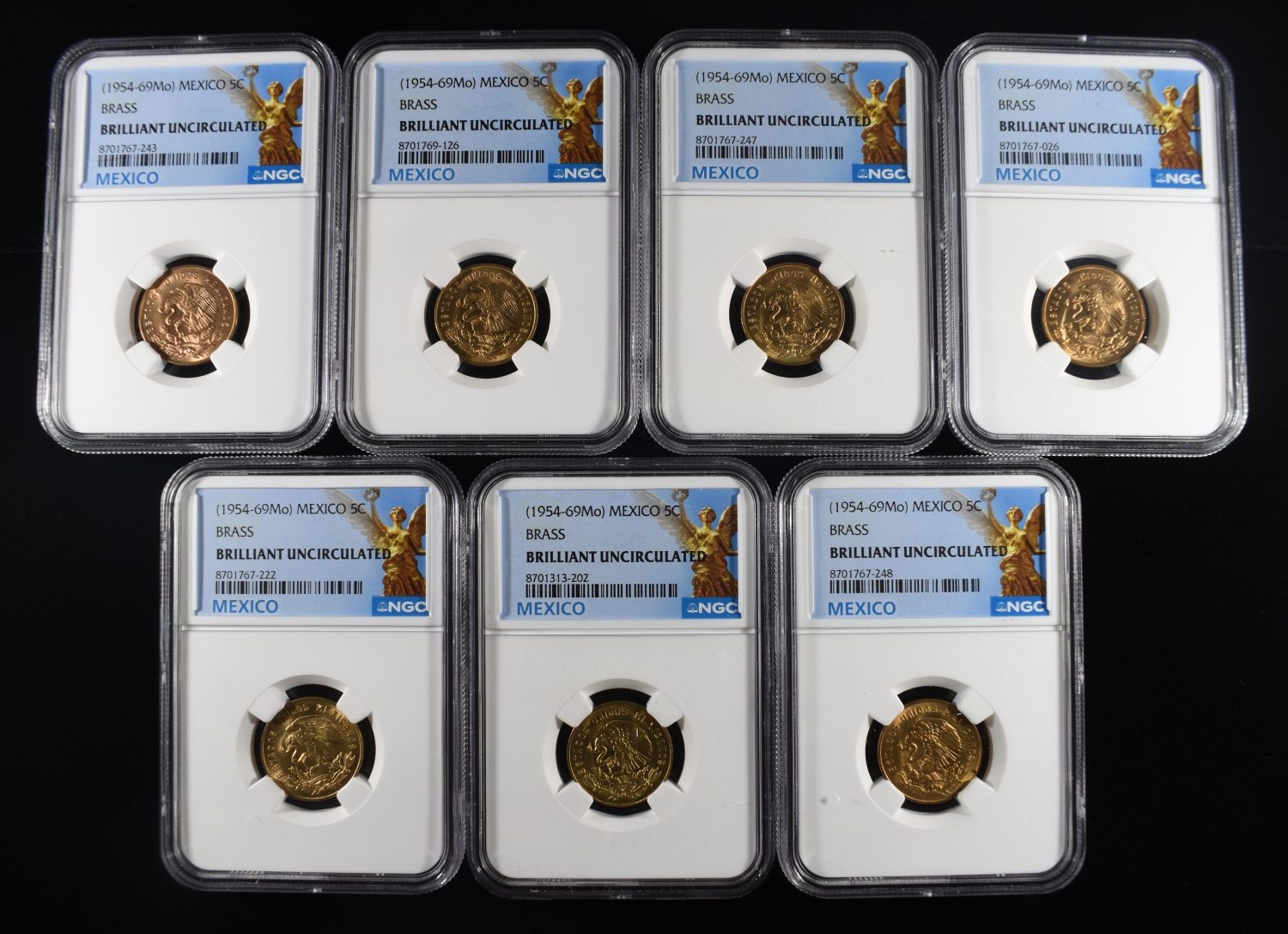 (7) 1954-69 MO MEXICO 5C BRASS NCG BRILLIANT UNC