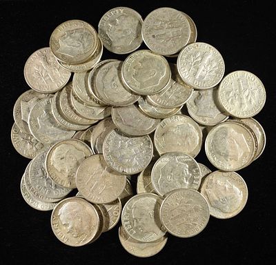 (50) ROOSEVELT DIMES 90% SILVER. TOP RATED AUCTION HOUSE ESTIMATE $350 - $400.