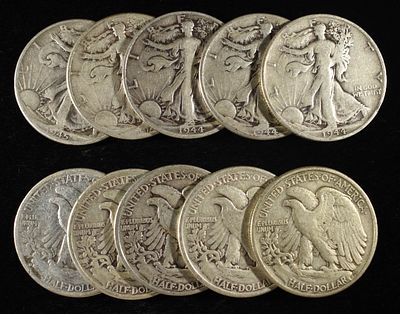(10) 90% SILVER WALKING LIBERTY HALF DOLLARS. LEADERS IN ON-LINE AUCTIONS ESTIMATE $380 - $430.