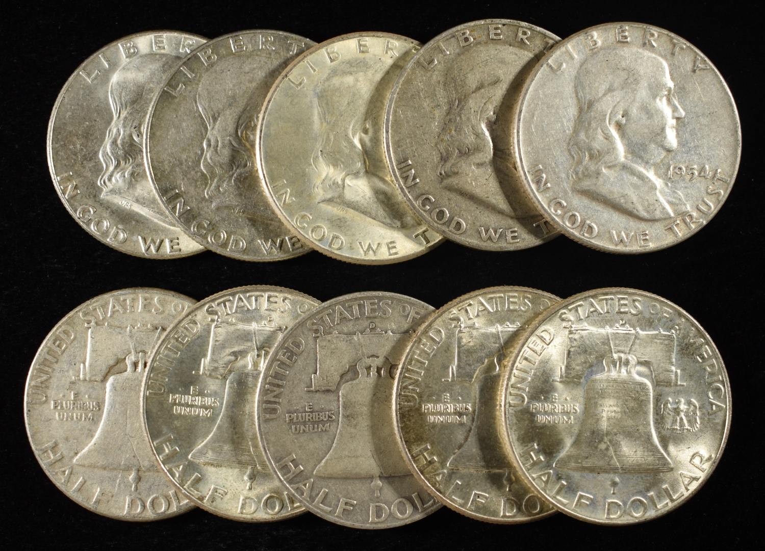(10) 90% SILVER FRANKLIN HALF DOLLARS
