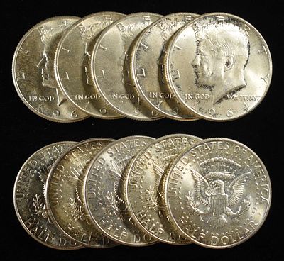 (10) 90% SILVER KENNEDY HALF DOLLARS. BID WITH SILVER CITY AUCTIONS ESTIMATE $380 - $430.