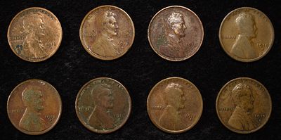 8 NICE EARLY SEMIKEY WHEAT CENTS. 10-S, 11-D, 13-D, 13-S, 14-S, 15-D, 15-S & 16-S ESTIMATE $60 - $80.
