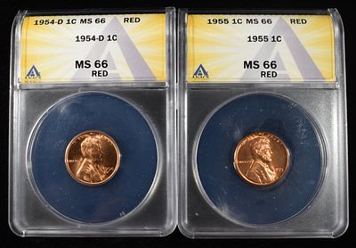 1954-D & 1955 WHEAT CENTS ANACS MS66 RED. WEEKLY COIN & CURRENCY AUCTIONS ESTIMATE $100 - $150.